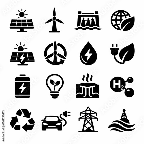 Renewable energy icons: solar, wind, hydropower, electric vehicles, and sustainable solutions.