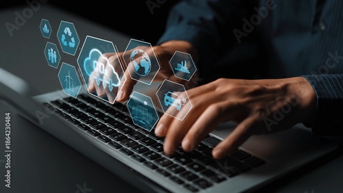 Carbon reduction at the center of sustainable strategies, including renewable energy, recycling, clean water, innovation, global responsibility, and eco-friendly industry Marrow