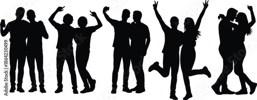 Happy young people silhouettes dancing and celebrating friendship party nightlife joy energy lifestyle togetherness social event concept