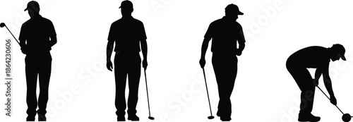 Black And White Golf Silhouette Sequence Showing Four Stages Of Player Movement, Professional Golfer Motion Study, Minimalist Sports Vector Coaching Graphic