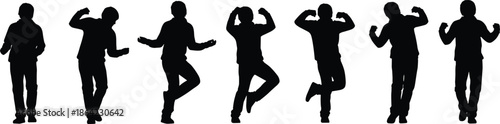 Black And White Silhouette Animation Sequence Showing Person Dancing In Seven Dynamic Poses, Motion Graphics Of Human Movement, Minimalist Choreography Design Vector