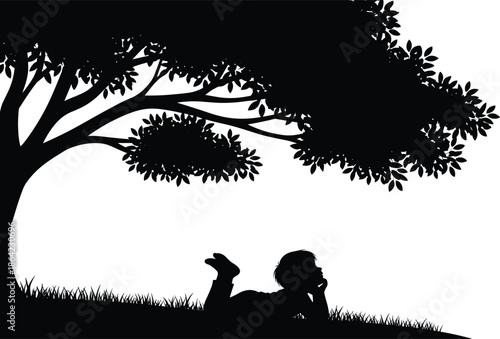 Silhouette of child resting under tree, black figure, relaxed posture, transparent background, nature and imagination illustration