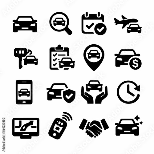 Car icons collection: travel, booking, insurance, and gps symbols.