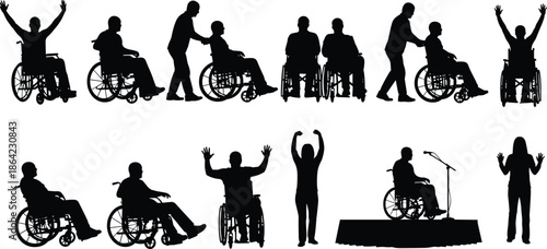 Wheelchair user silhouettes with caregivers and celebration gestures representing disability support empowerment inclusion rehabilitation independence and accessible lifestyle concept