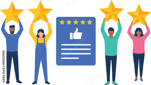 People holding five star ratings with thumbs up review card illustrating customer feedback satisfaction service quality success concept flat design