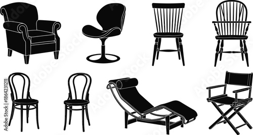 Furniture Icon Set Eight Chairs Black Silhouette Collection, Armchair Office Swivel Windsor Bistro Barcelona And Folding Camp Chair Vector Graphics