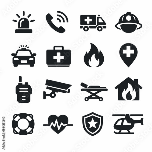 Emergency services icons: ambulance, fire, police, medical, rescue, surveillance.
