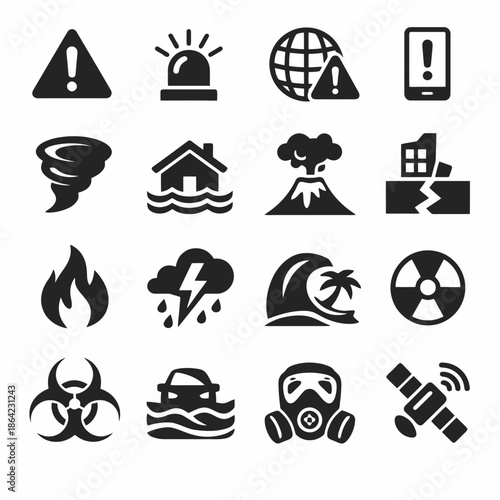 Set of 16 natural disaster and emergency icons.