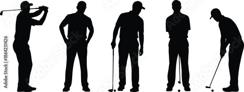 Male Golfer Silhouette Set, Five Professional Golf Player Poses, Swing Putting and Standing Vector Graphics, Sports Activity Icons, Tournament Design