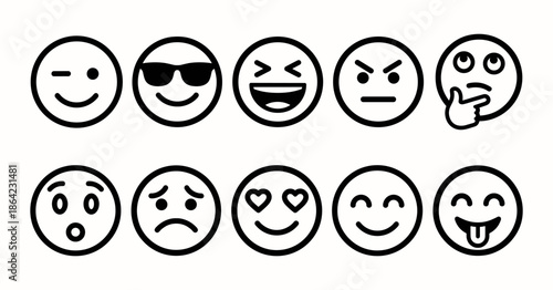 Minimalist Emoji Icon Set with Various Facial Expressions: Happy, Sad, Angry, Surprised, Love, Thinking, and Cool Emoticons in Black Outline Style
