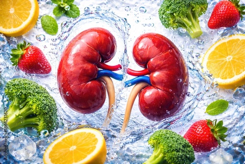 Human Kidneys Surrounded by Fresh Fruits and Vegetables in Clean Water Concept