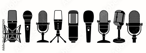 Collection of Microphone Silhouettes and Icons for Studio Recording, Podcasting, and Music Production - Set of Vintage and Modern Audio Equipment 