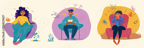 Three diverse people receiving therapy for anxiety and stress in colorful minimalistic chairs with symbolic elements representing mental health challenges and healing process vector illustration