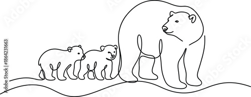Continuous line drawing of a mother polar bear with two cubs walking together in a minimalist single line vector style.