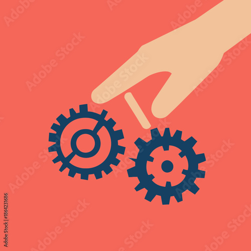 Hand interacting with two dark blue mechanical gears on orange background flat minimalist vector illustration for technology and engineering concept