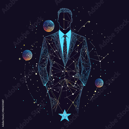 Abstract businessman silhouette in suit formed by constellation lines and stars with colorful planets and cosmic elements in minimalist vector style on dark background