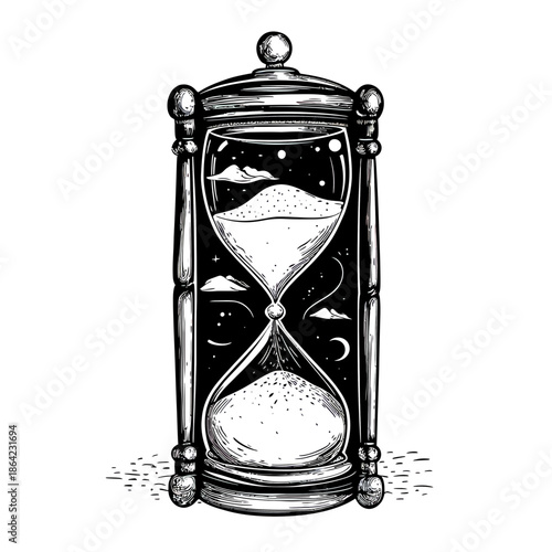 Black and white detailed vintage hourglass illustration with sand flowing and celestial elements including moon and stars in minimalist style
