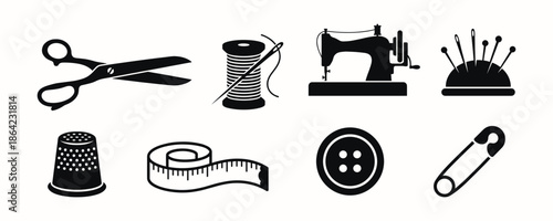 Sewing and Tailoring Tools Silhouette Icon Set - of Scissors, Needle, Thread, Sewing Machine, Button, Measuring Tape, Thimble, and Safety Pin
