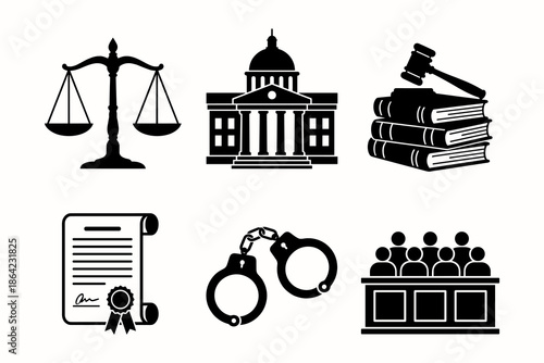 Law and Justice Icons Set - Black Silhouette Symbols of Scales, Courthouse, Gavel on Books, Legal Document, Handcuffs, and Jury Box
