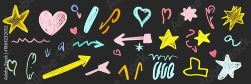 Colorful hand drawn doodles set with stars hearts arrows and abstract marker brush strokes on black background for creative design elements vector illustration