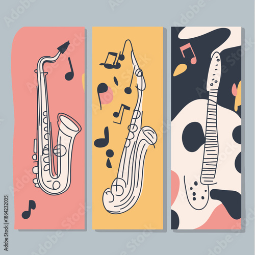 Hand drawn saxophone and guitar musical banners with colorful abstract shapes and music notes in minimalist doodle flat vector style for music design flyer background