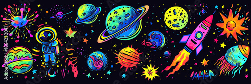 Colorful psychedelic space scene with rocket, astronaut, planets, stars, sunburst explosions, and cosmic elements in flat vibrant vector style on black background