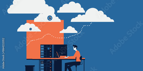 Remote cloud server management concept with IT administrator working on laptop connected to cloud computing data center in flat vector style