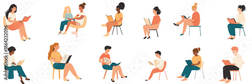 Diverse children and adults sitting individually in chairs reading books flat minimalist vector illustration educational leisure concept learning and study activity