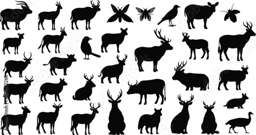 Silhouettes of diverse animals including deer, birds, butterflies, and mammals, black figures, transparent background, nature and species illustration