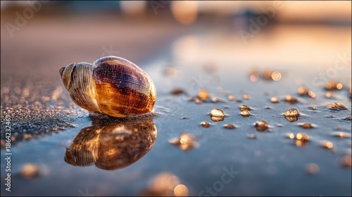 Seashell stands upright on wet sand during sunset with golden reflections in water and soft shadows stretching around it