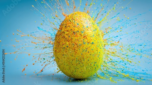 Yellow Egg Exploding with Colorful Paint Splash on Blue Background