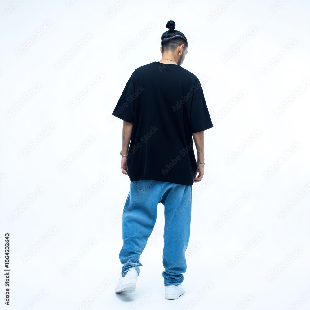 Fototapeta premium Mockup de camiseta negra para marca de ropa urbana, Hombre de espaldas con camiseta negra oversize y pantalones azules, Modelo masculino con moño, camiseta ancha y vaqueros anchos