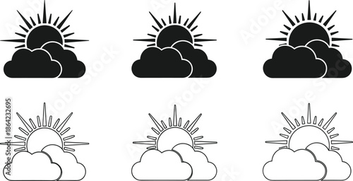 Sun Behind Cloud Weather Icon Set, Black Silhouette and Outline Vector Symbols, Partly Cloudy Forecasting Graphics, Minimalist Climate Design Elements