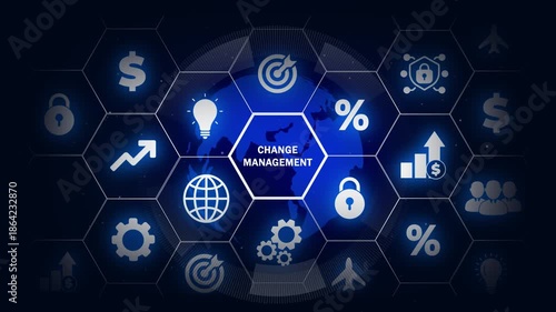 Change management in organization and business concept with consultant presenting icons of strategy, plan, implementation, communication, team, success. Organizational transition and transformation