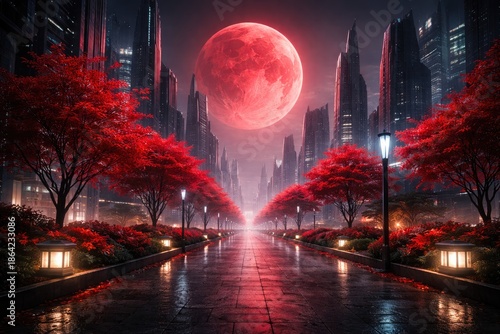 Futuristic City Street with Red Trees and Giant Moon at Night