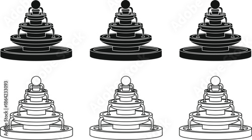 Tiered Garden Fountain Icons Set, Black Silhouette and White Outline Water Feature Symbols, Outdoor Decoration Vector Graphics, Park Landscape Design