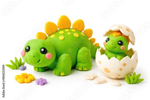 Cute Green Clay Dinosaurs with Baby Hatching from Egg