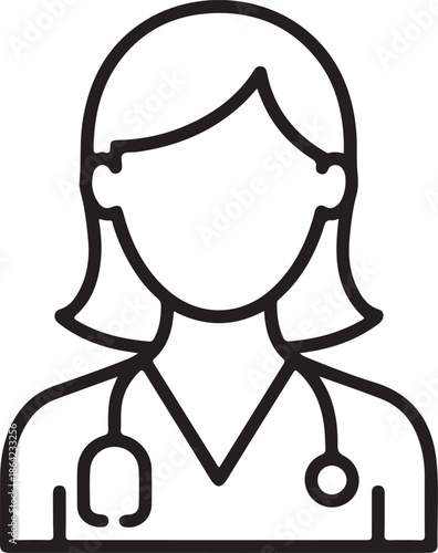A clean linear icon showing a female doctor with a stethoscope draped around her shoulders