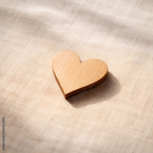 Minimal Wooden Heart on Soft Linen Background With Natural Light