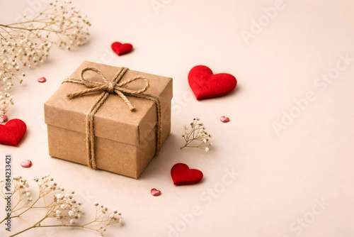 Romantic Kraft Gift Box With Red Hearts and Soft Floral Decor
