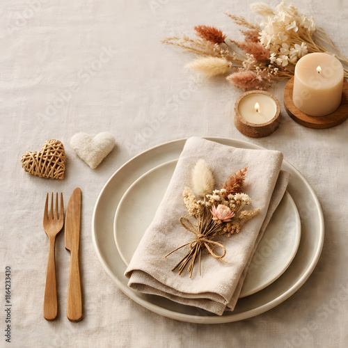 Elegant Neutral Table Setting With Dried Flowers Candles and Hearts