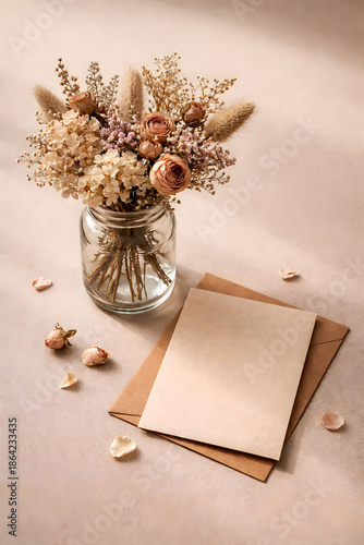Soft Neutral Floral Still Life With Blank Cards and Kraft Envelopes