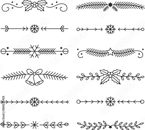 A collection of festive black outline Christmas and winter themed horizontal page dividers with holly, snowflakes, pine branches