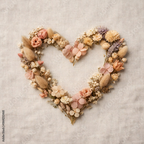 Romantic Floral Heart Arrangement Made of Soft Pastel Dried Flowers