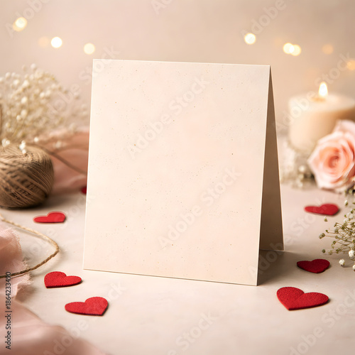 Elegant Blank Greeting Card Mockup With Romantic Valentine Decorations and Hearts