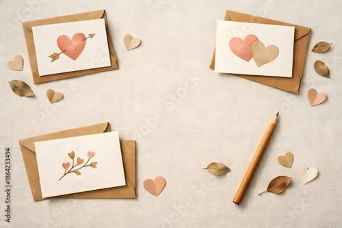 Minimal Valentine Flat Lay Cards With Kraft Envelopes Hearts and Pencil