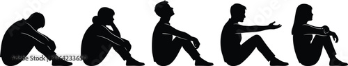 Silhouettes of seated individuals in emotional postures, black figures, expressive progression, transparent background, psychological and recovery illustration