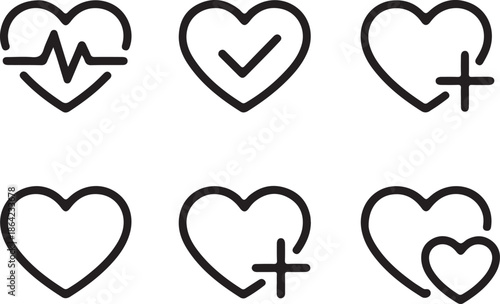 A collection of simple heart outline icons representing health, well being, and medical care