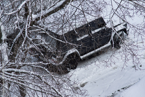 trees in the snow and an SUV in the snow