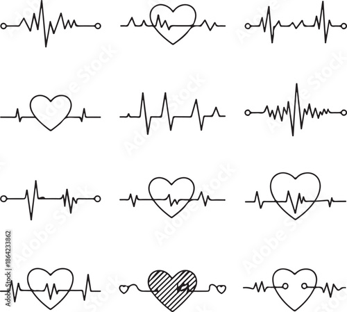 A collection of twelve diverse black electrocardiogram lines features heart symbols on a white background